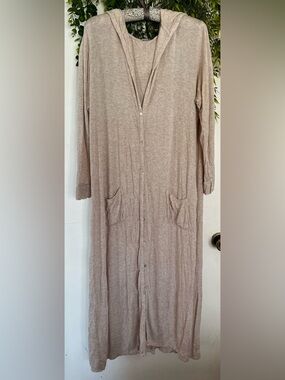 Light Taupe Button-Front Long Hooded Cardigan